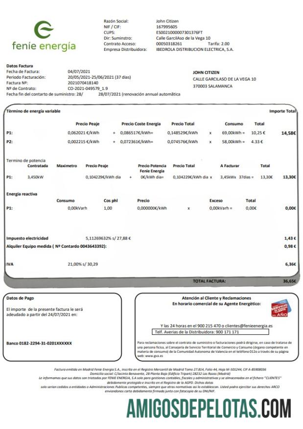 em branco Modelo de fatura de serviços públicos da Espanha Feníe Energía em formato Word e PDF